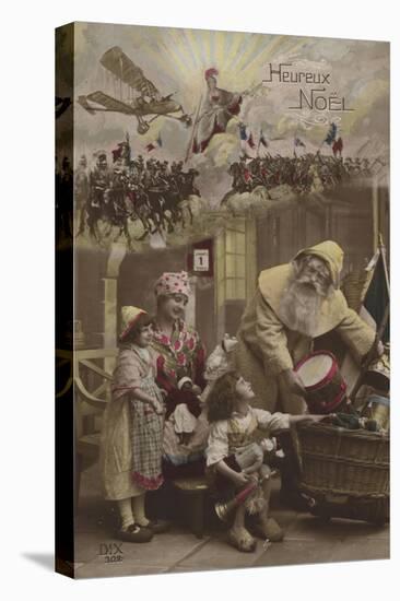 Father Christmas Giving Presents to Children, with World War I Battle in Background-null-Premier Image Canvas