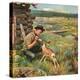 "Feeding Fawn Near Flowering Field", May 27, 1950-John Clymer-Premier Image Canvas