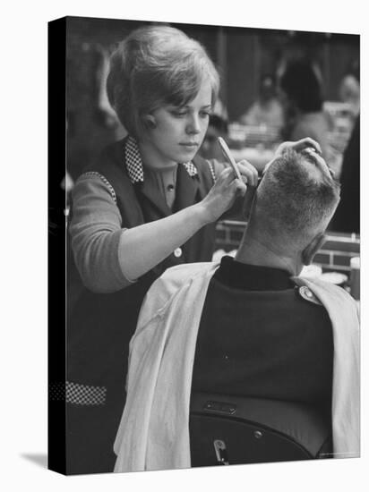 Female Barber Cutting a Customer's Hair in a Barber Shop-Ralph Crane-Premier Image Canvas