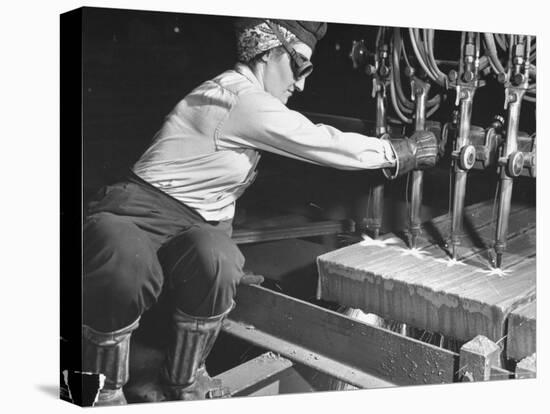 Female Steel Worker Operating Four Torch Machine to Cut Large Slab of Steel at Mill-Margaret Bourke-White-Premier Image Canvas