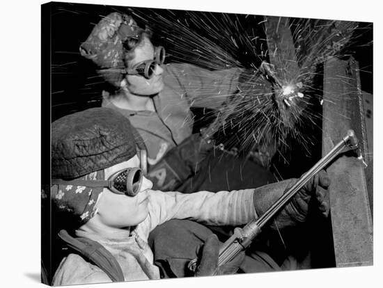 Female Welders at Work in a Steel Mill, Replacing Men Called to Duty During World War II-Margaret Bourke-White-Premier Image Canvas