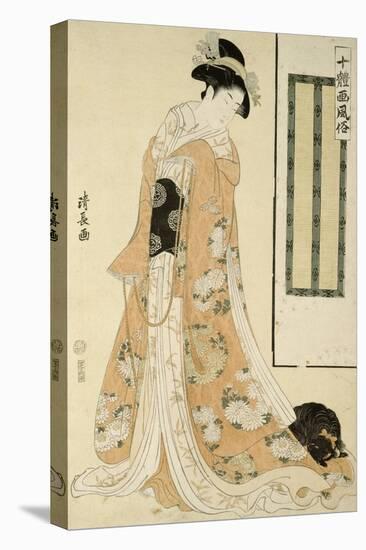 Femme en kimono rose et petit chien-Torii Kiyonaga-Premier Image Canvas