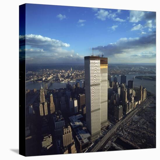 Financial District with World Trade Center's Twin Towers Dwarfing Rest of Wall Street Buildings-Henry Groskinsky-Premier Image Canvas