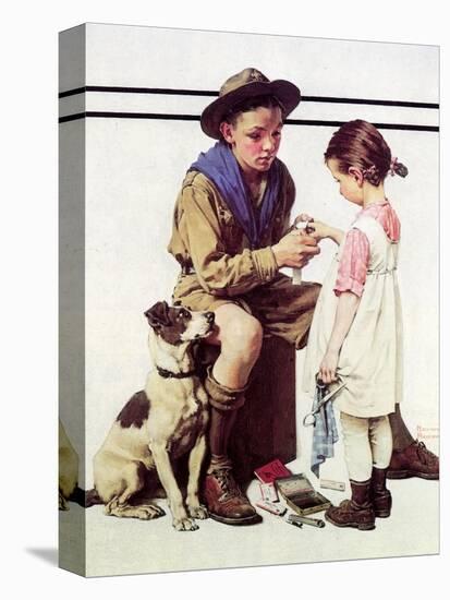 First Aid Lesson (or Scout Bandaging Girl’s Finger)-Norman Rockwell-Premier Image Canvas