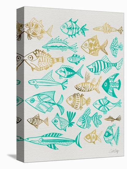 Fish Inklings in Turquoise and Gold Ink-Cat Coquillette-Stretched Canvas
