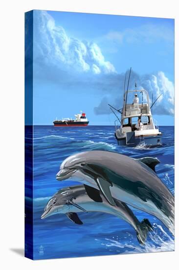 Fishing Boat with Freighter and Dolphins-Lantern Press-Stretched Canvas