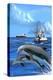 Fishing Boat with Freighter and Dolphins-Lantern Press-Stretched Canvas