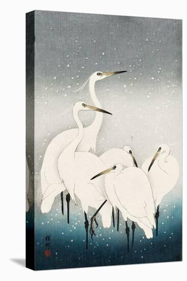 Five White Herons Standing in Water; Snow Falling-Koson Ohara-Premier Image Canvas