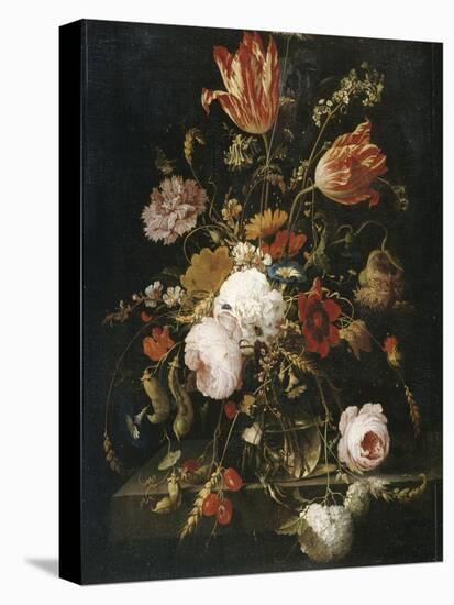 Fleurs dans une carafe de cristal avec une branche de pois et un escargot-Abraham Mignon-Premier Image Canvas
