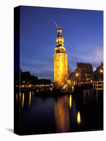 Floodlit Tower at Twilight Reflected in the Canal, Oudeschams, Amsterdam, the Netherlands (Holland)-Richard Nebesky-Premier Image Canvas