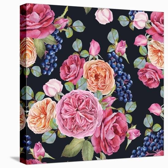 Floral Seamless Pattern with Watercolor Roses and Black Rowan Berries. Background with Bouquets of-Lesia H-Stretched Canvas
