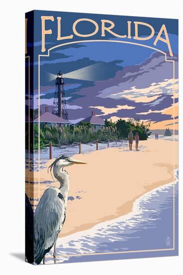 Florida - Lighthouse and Blue Heron Sunset-Lantern Press-Stretched Canvas