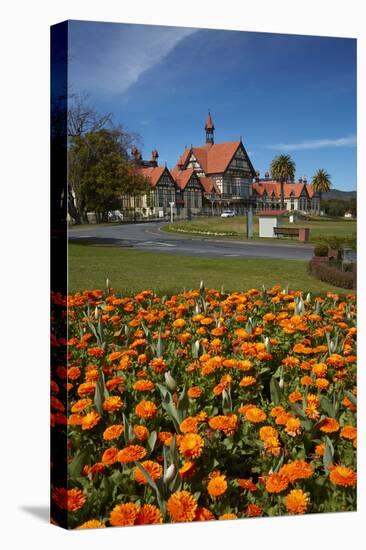 Flower beds and Bath House (Rotorua Museum), Government Gardens, Rotorua, North Island, New Zealand-David Wall-Premier Image Canvas