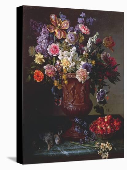 Flowers in a Sculpted Urn with a Bowl of Wild Strawberries and Hare on a Ledge, 1715-Alexandre-Francois Desportes-Premier Image Canvas