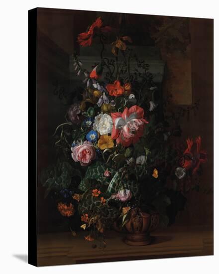 Flowers in an Urn on a Stone Ledge-Rachel Ruysch-Stretched Canvas