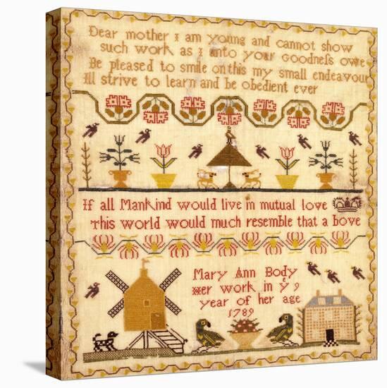 Flowers in Pots, A Windmill and a House with a Poem by Mary Ann Body to Her Mother Sampler-Body Mary Ann-Premier Image Canvas