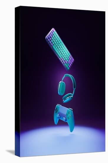 Flying Keyboard, Headphones and Game Controller, 3D Rendering. Gaming Devices on a Neon Background.-DaryaDanik-Premier Image Canvas