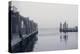 Foggy view of the docks at the ferry at Ocean Beach Fire Island NY-null-Stretched Canvas