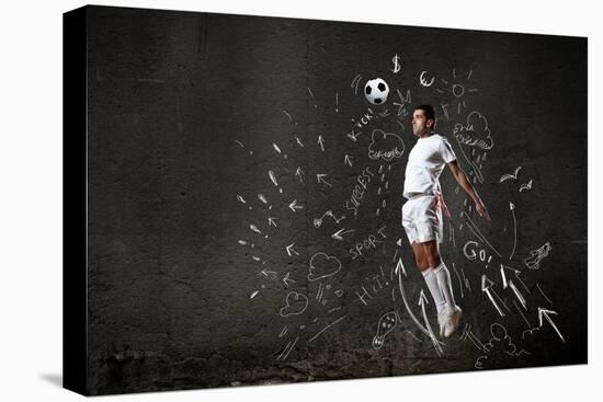 Football Player in Jump Striking Ball with Sketches at Backdrop-Sergey Nivens-Premier Image Canvas