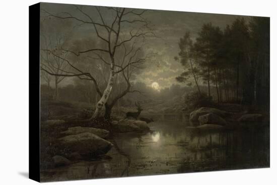 Forest Landscape by Moonlight-Georg Eduard Otto Saal-Stretched Canvas