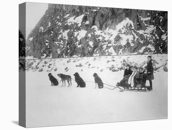 Four Girls on Dog Sled Photograph - Canada-Lantern Press-Stretched Canvas