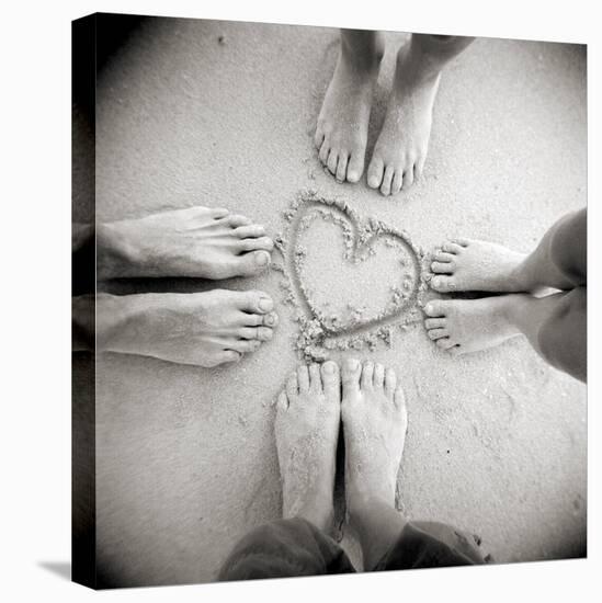 Four Pairs of Feet Standing around a Heart Shape Drawn in Sandy Beach, Taransay, Scotand, UK-Lee Frost-Premier Image Canvas