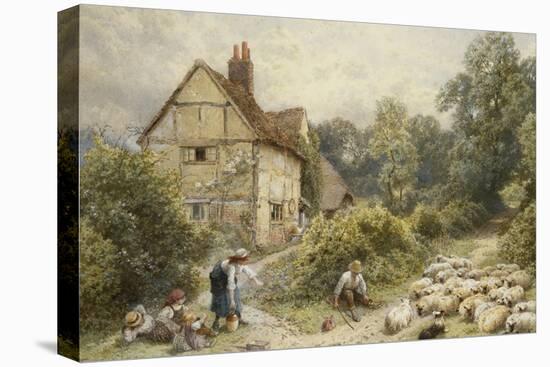 Fowl House Farm, Witley, with Children, a Shepherd and a Flock of Sheep Nearby-Myles Birket Foster-Premier Image Canvas