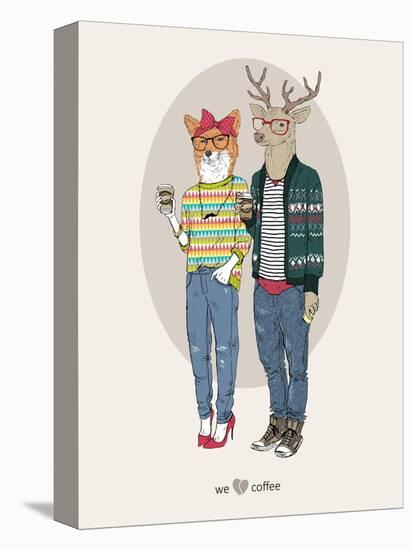 Fox Girl and Deer Boy Hipsters-Olga Angellos-Stretched Canvas