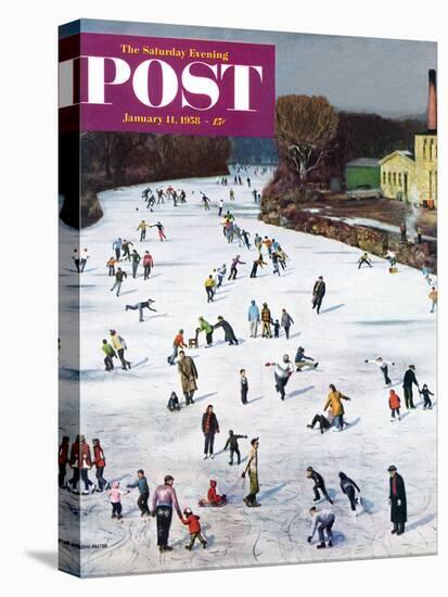 "Fox River Ice-Skating" Saturday Evening Post Cover, January 11, 1958-John Falter-Framed Premier Image Canvas
