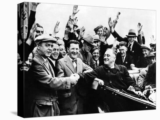 Franklin Roosevelt in the Back Seat of His Car, Surrounded by Cheering Citizens, 1930s-null-Stretched Canvas