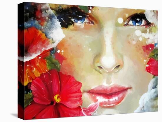 Freehand Painted Bright Color Composition with a Female Face-A Frants-Stretched Canvas