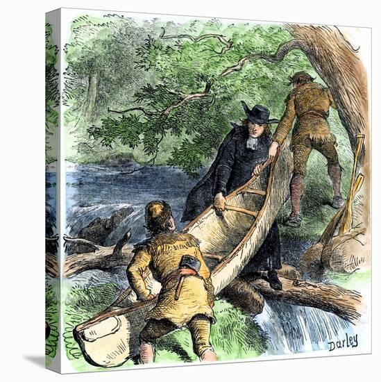 French Missionary and Fur Traders Carrying a Canoe at a Portage in North America-null-Premier Image Canvas