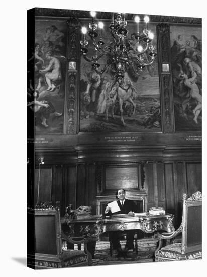 French Premier Pierre Mendes France, Smiling Slightly and Reserved, Working in Ornate Office-Frank Scherschel-Premier Image Canvas