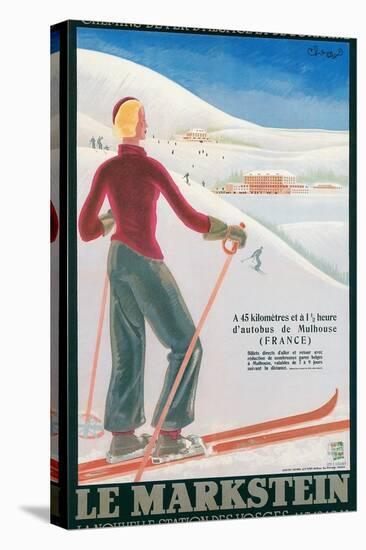 French Ski Poster with Woman Skier-null-Stretched Canvas