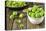 Fresh Brussels Sprouts in White Bowl on Wooden Table-Jana Ihle-Premier Image Canvas