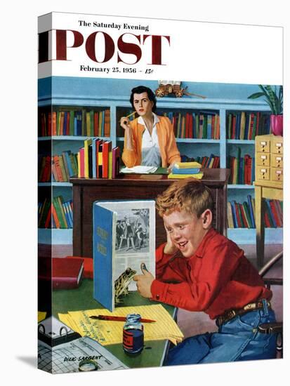 "Frog in the Library" Saturday Evening Post Cover, February 25, 1956-Richard Sargent-Premier Image Canvas