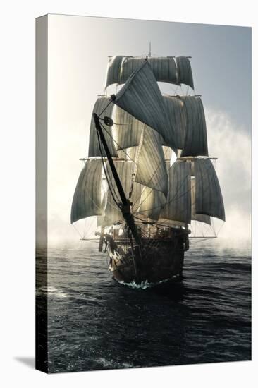 Front View of a Pirate Ship Vessel Piercing through the Fog Headed toward the Camera . 3D Rendering-Digital Storm-Stretched Canvas