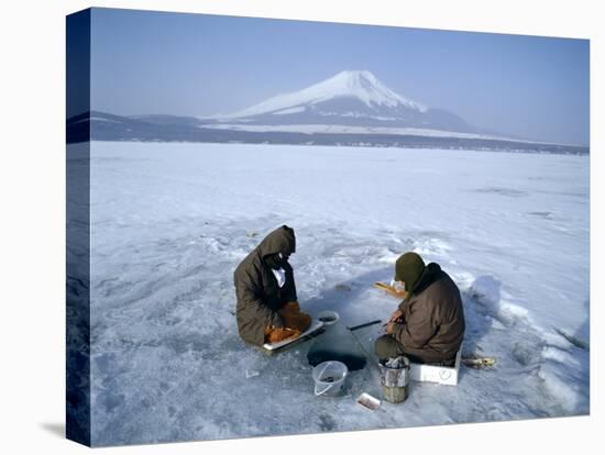 Frozen Lake with Fishermen, Lake Yamanaka, Mount Fuji, Honshu, Japan-null-Premier Image Canvas