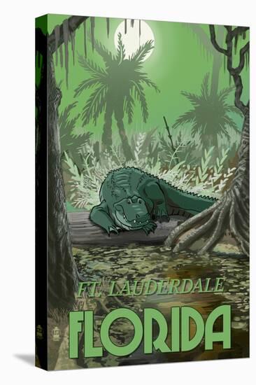 Ft. Lauderdale, Florida - Alligator in Swamp-Lantern Press-Stretched Canvas