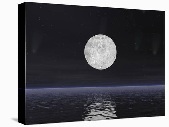 Full Moon on a Dark Night with Stars and Comets over the Ocean-null-Stretched Canvas