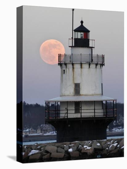 Full Moon Rises Behind the Spring Point Light House in South Portland, Maine-null-Premier Image Canvas