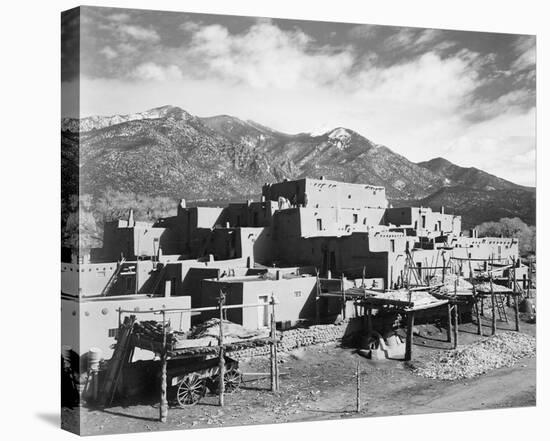 Full view of city, mountains in background, Taos Pueblo National Historic Landmark, New Mexico, 194-Ansel Adams-Stretched Canvas