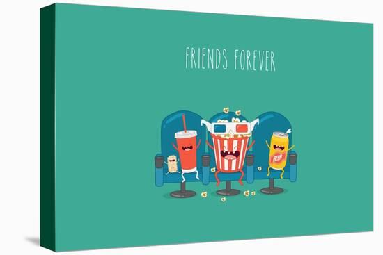 Funny Characters Cola, Ticket, Popcorn and Beer in the Cinema-Serbinka-Stretched Canvas