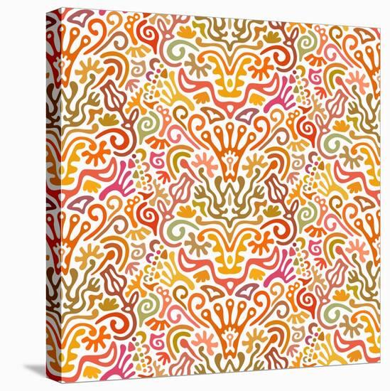 Funny Colorful Seamless Pattern with Abstract Flowers, Leaves, Hearts, Crowns, Eggs, Keys,-amovita-Stretched Canvas
