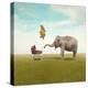 Funny Illustration with a Beautiful Elephant Leading Walking Her Child in a Wheelchair-Valentina Photos-Premier Image Canvas