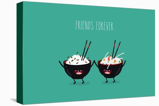 Funny Rice Noodles and Rice in Black Plates. Friend Forever. Vector Illustration. Comic Character-Serbinka-Stretched Canvas