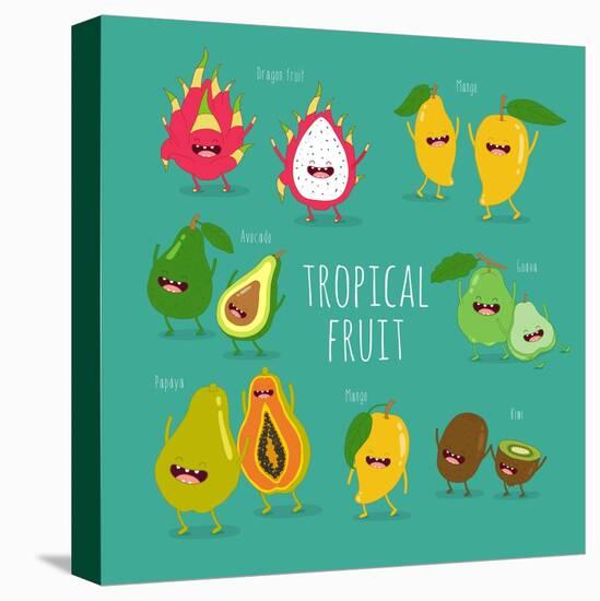Funny Tropical Fruits. Guava, Papaya, Mango, Kiwi, Dragon Fruit, Avocado. Vector Illustration. Comi-Serbinka-Stretched Canvas