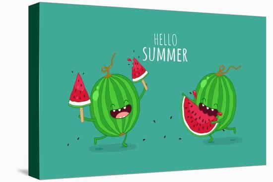 Funny Watermelon Eating a Piece of Watermelon. Hello Summer. Use for Card, Poster, Banner, Web Desi-Serbinka-Stretched Canvas