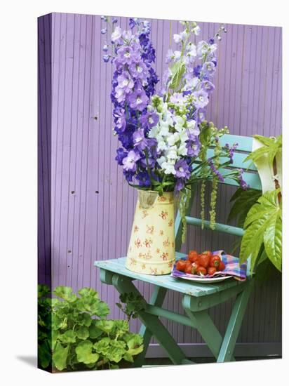Garden Chair with Delphiniums and Plate of Strawberries-Linda Burgess-Premier Image Canvas