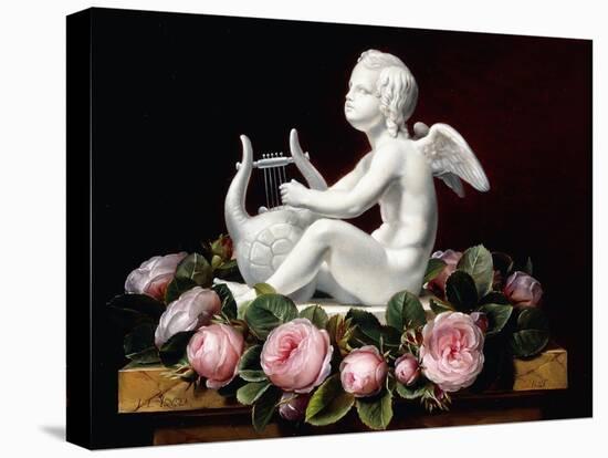 Garland of Pink Roses around Cupid Playing a Lyre on a Marble Ledge, 1841-Johan Laurents Jensen-Premier Image Canvas